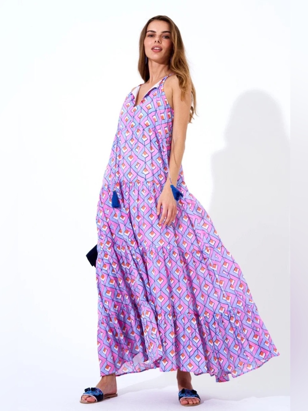 OLIPHANT Sleeveless Tiered Maxi Dress Geometric Cotton Size Medium Pink Blue